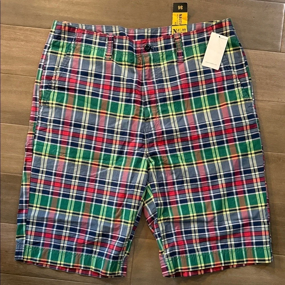Nautica Plaid Cotton Plain Front Shorts SZ 34
